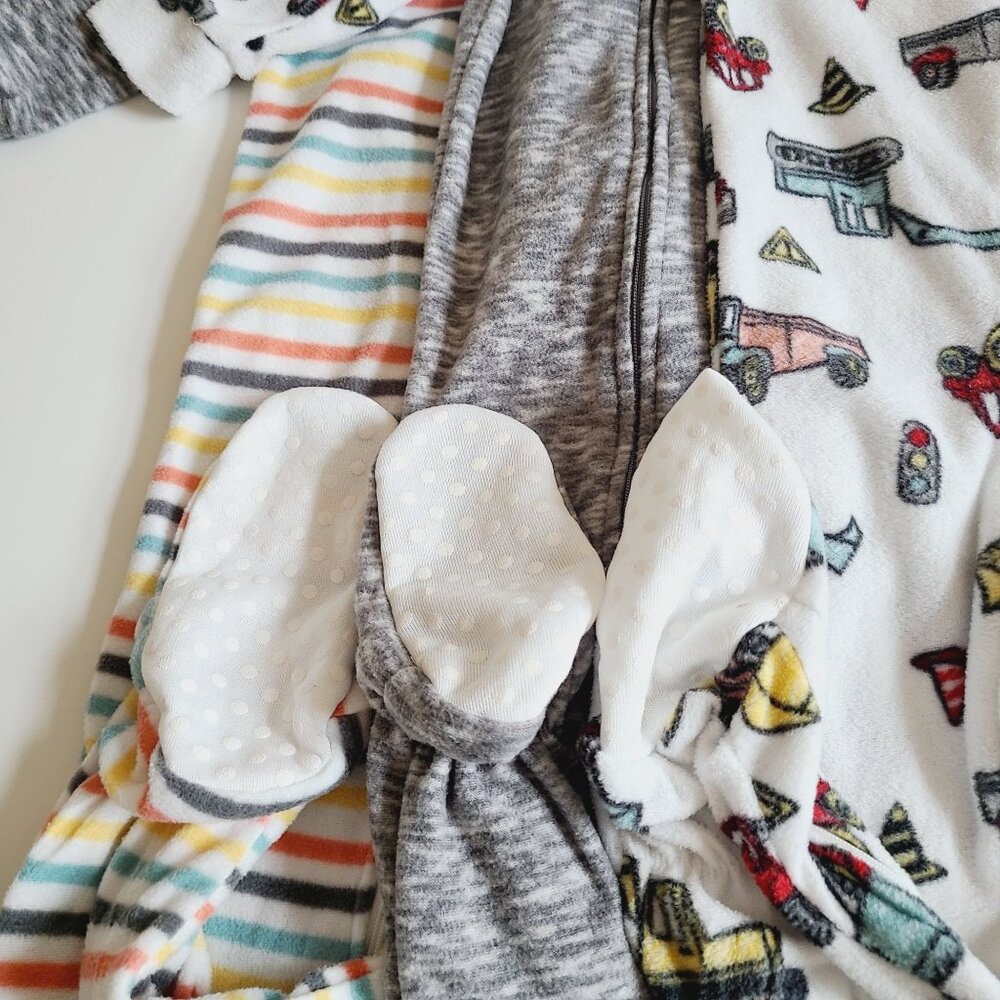 Baby Footed Pajamas Set Of 3 Size 2T & 4T Cozy Fleece With Vehicles & Stripes - Picture 2 of 16